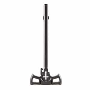 Tall, silver and black fantasy sword standing upright with an ornate crossguard and rectangular grip details at the hilt