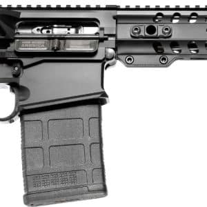 Black semi-automatic rifle with adjustable stock, pistol grip, high-capacity magazine, and a long Picatinny rail system in full view.