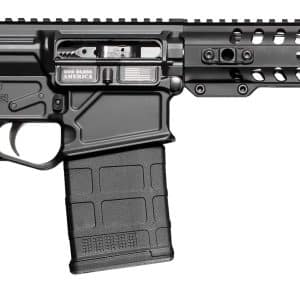 Black semi-automatic rifle with adjustable stock, pistol grip, and long rail handguard showing a mag inserted in the magazine well