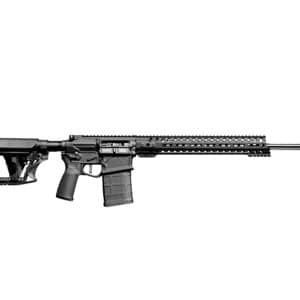 Black semi-automatic rifle with a longPicatinny rail and adjustable stock, pointing to the right