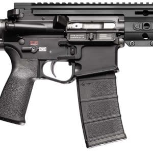 Fully assembled black assault rifle shown in profile with a pistol grip, detachable magazine, and upper rail system against a white background.