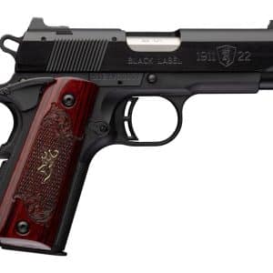 Black semi-automatic pistol shown in side view with decorative red wood grip panels and engraved details