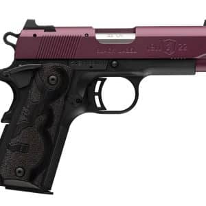 Side view of a semi-automatic pistol with a purple/pink slide and black textured grip (1911-style).