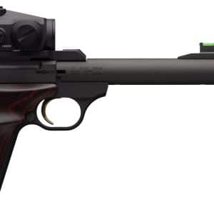Side view of a black semi-automatic pistol with a mounted optic sight and a perforated suppressor-style barrel cap on the front.