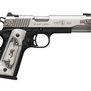 Silver and black semi-automatic pistol with ornate engravings on the grip and slide, viewed from the side.