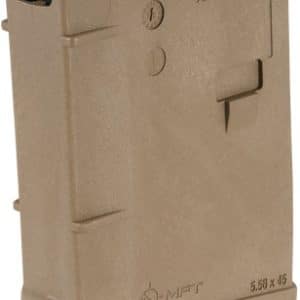 Tan polymer rifle magazine for 5.56×45mm, 30 rounds, with black follower visible at the top