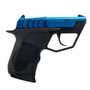 Close-up of a black handgun with a blue slide, serrated top and the '22 LR' marking visible on the slide.