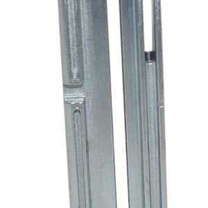 Metal handheld staple gun standing upright with a black curved base