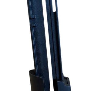 Blue desktop stapler with a curved base, shown in its raised position for stapling papers.