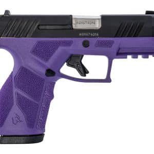 Close-up of a purple handgun grip and slide with textured grip panels and a silver slide in the top portion of the frame.
