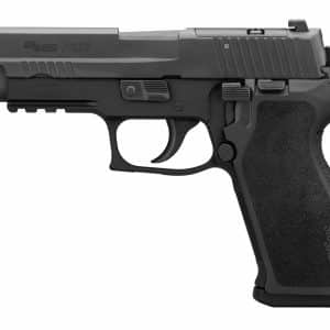Semi-automatic pistol shown from side: SIG Sauer P220 with textured grip and black finish