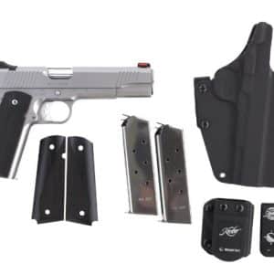 Silver semi-automatic pistol with black grip, plus two magazines, grip panels, a black holster, and other pistol accessories laid out on a white background.
