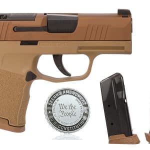 Tan Sig Sauer handgun with two magazines and a commemorative coin reading 'We the People' and 'Second Amendment'.