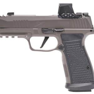Gray SIG P365 X-series compact semi-automatic pistol shown in side view with a mounted red-dot sight, textured grip, and extended trigger guard