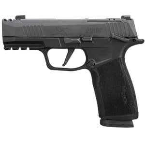 Black semi-automatic pistol with textured grip and gray slide (SIG Sauer P365) facing left on white background
