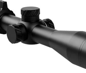 Black riflescope with two adjustment turrets and a large front objective lens, mounted on a tube.