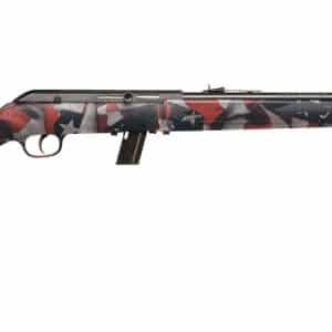 Bolt-action rifle in a red, white, and blue camouflage pattern shown from the side, against a white background.
