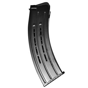 Close-up of a black firearm magazine angled diagonally with vertical feed slots and a textured base plate.