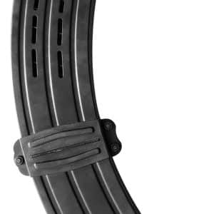 Black curved rifle magazine with ribbed sides and feed lips, oriented diagonally.