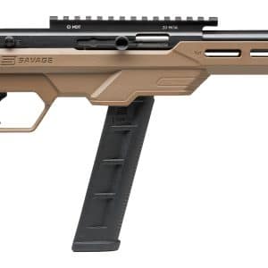 Tan precision rifle with a long black barrel, desert-tan chassis, and a downward detachable magazine; Savage branding on the receiver and a top Picatinny rail.