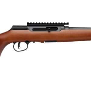 Bolt-action rifle with wooden stock and long barrel, side view on white background.