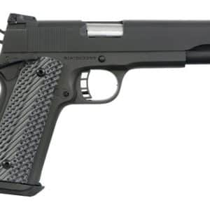 Side view of a black semi-automatic handgun with a textured grip and exposed trigger guard.