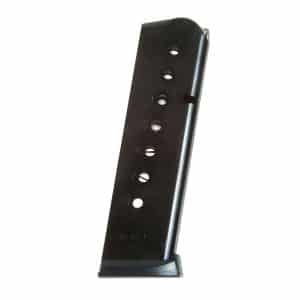 Black .45 ACP pistol magazine with eight round indicator holes, standing upright.
