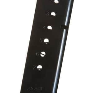 Black curved firearm magazine with numbered witness holes (2–7) and a textured base at the bottom.