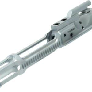 Front-end muzzle device and handguard of a silver tactical rifle/airsoft accessory with side rails and a front post sight cap.