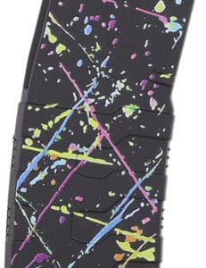 Black rifle magazine with a neon paint-splatter pattern in colorful splashes across its surface