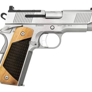 Side view of a Kimber semi-automatic handgun with a stainless finish and wooden grip.