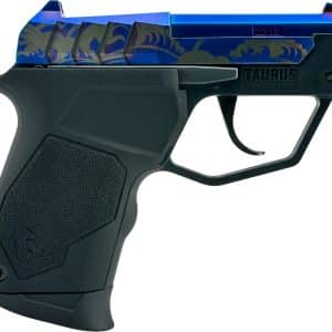 Blue-tinished airsoft pistol with a decorative blue slide and black textured grip, side view.