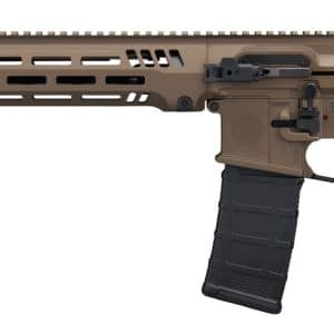 Tan AR-style rifle with a long vented handguard, detachable magazine, and adjustable stock on a white background.
