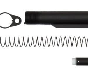 Disassembled black flashlight laid out: body tube, head, long coiled spring, end cap with contact, and retaining ring.