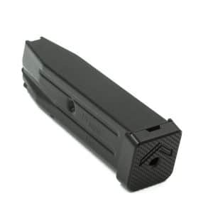 Black SIG Sauer handgun magazine with a textured base, shown lying on a white background.