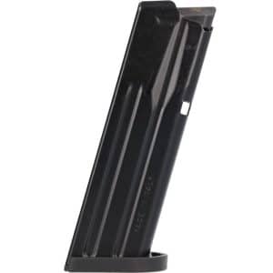 Detachable black pistol magazine standing upright, a curved rectangular shape used to hold ammunition.