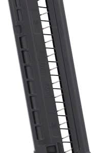 Detachable firearm magazine with visible spring and feed lips, shown from the side.