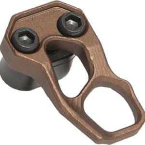 Bronze-colored clamp with two screws and a large oval opening, likely a mounting bracket or accessory holder for a bicycle component.
