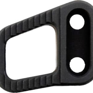 Black plastic clamp-style part with a ribbed gripping edge and two circular holes, likely a mounting or attachment bracket.