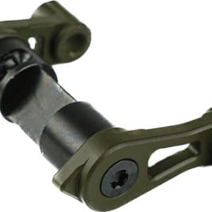Green-painted metal linkage with two circular mounting eyes at each end and a central bearing-like joint, used as a control/linkage component in mechanical assemblies.