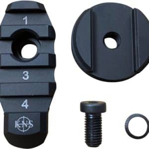 Modular firearm sight mount with a numbered rail piece, circular base plate, screw, and washer (black).