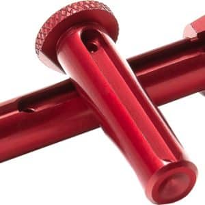 Red anodized T-handle bolt with knurled grip for tightening in machinery/clamps