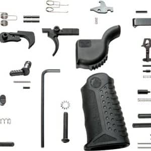 Disassembled handgun grip kit with springs, pins, screws and tools laid out on white background.