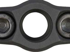 Black bicycle handlebar stem clamp with two bolts and a central hole for the steerer tube.
