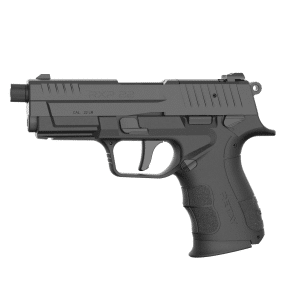 Side view of a black semi-automatic pistol shown in profile with textured grip and safety lever.