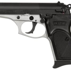Side view of a Beretta 92FS semi-automatic pistol with black textured grip and silver frame, seen from the left.