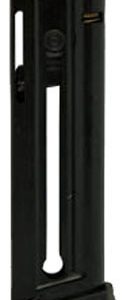 Vertical black stapler-like fastener tool standing upright on a small base.