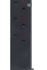Black handgun magazine with a curved bottom plate viewed from the side