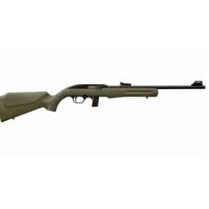 Bolt-action rifle with an olive-green synthetic stock and a long black barrel.