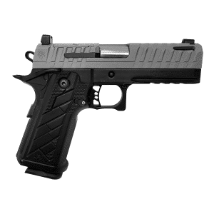 Black semi-automatic pistol with a gray slide and textured grip, shown in profile to the right side of the frame.
